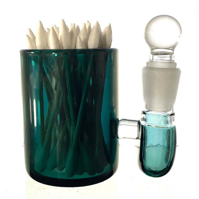 Aqua Forest Green Large 3" Heady Hand Blown Glass Cotton Swab Q-Tip Holder / Alcohol ISO Station