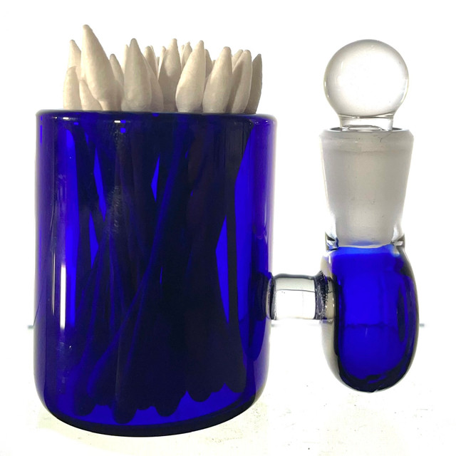 Blue Large 3" Heady Hand Blown Glass Cotton Swab Q-Tip Holder / Alcohol ISO Station