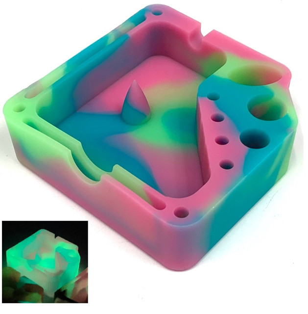 Silicone Glow In The Dark Dabber Ashtray with Tool Holsters and Bowl Knockout - Green Blue